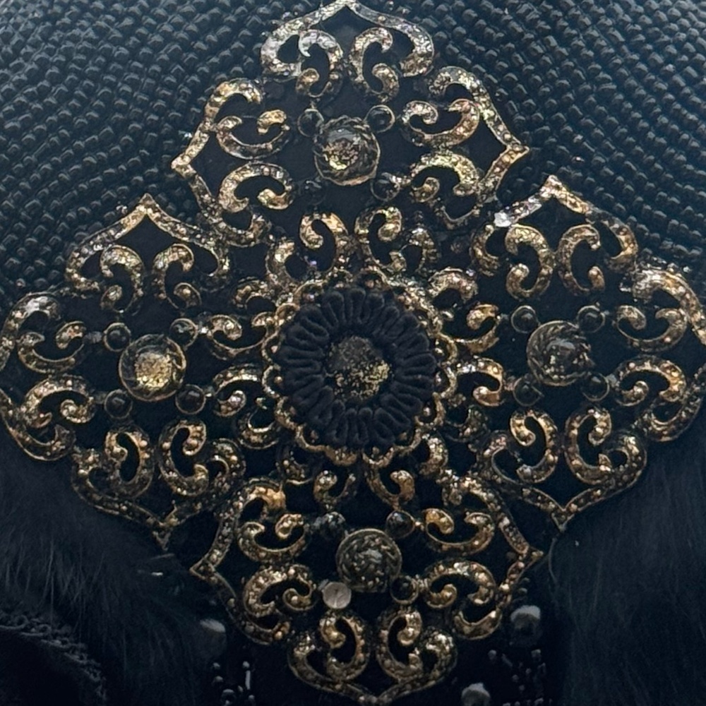 Mary Frances Black Beaded Evening Bag Fur Filigree Rhinestones Rose Handbag - Picture 2 of 5